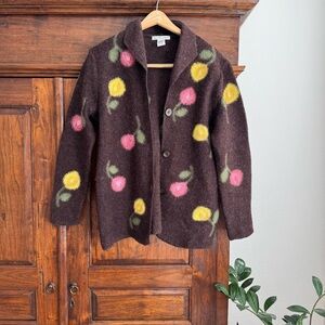 Vintage Jillian Jones Wool Floral Embroider Deep Brown Cardigan Blazer